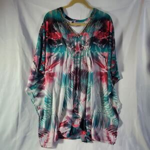 Jennifer Lopez Sheer Batwing Caftan Dress L/XL Slip Lined Tropical Boho Coverup